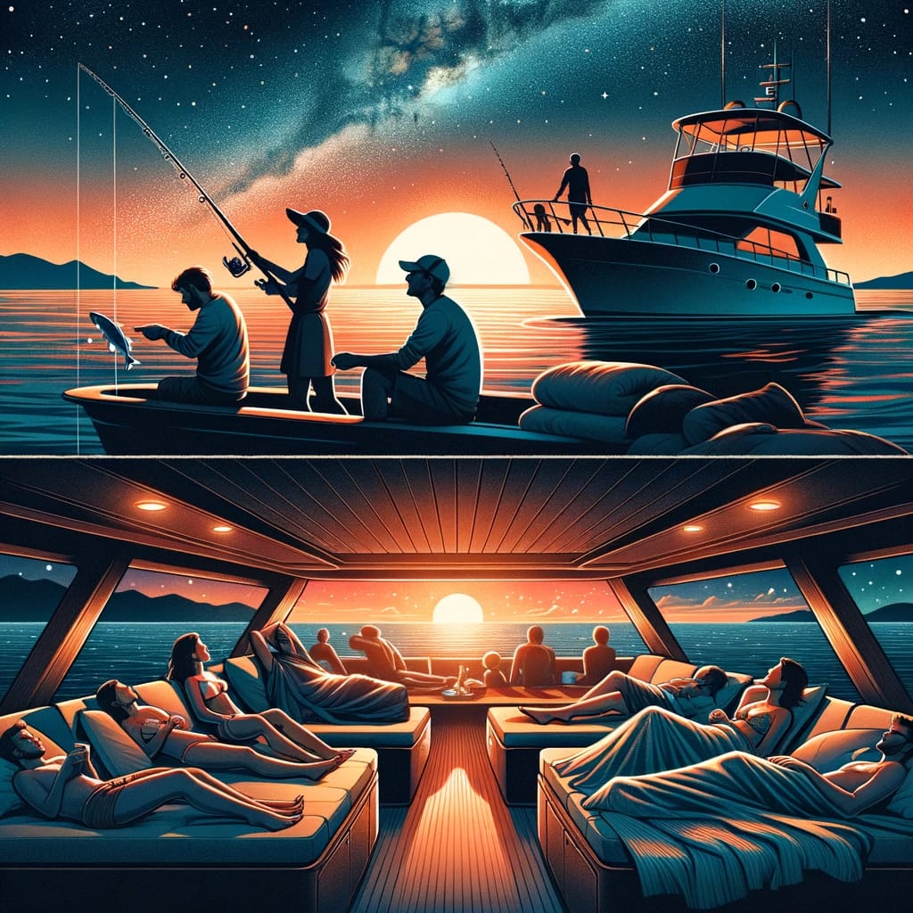 An illustrated collage of yacht leisure activities in Los Cabos, featuring fishing at sunset and relaxation under the stars.