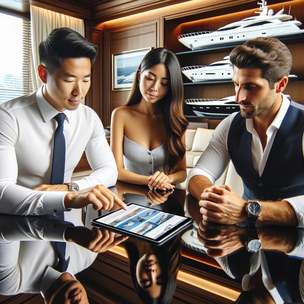 A yacht broker of East Asian descent showcasing yacht options on a tablet to clients inside a luxurious yacht cabin.