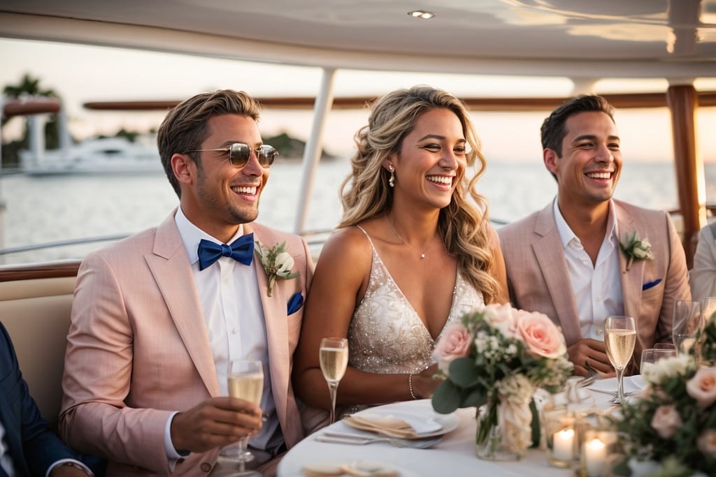 Joyful wedding guests toasting on a yacht at sunset in Los Cabos.
