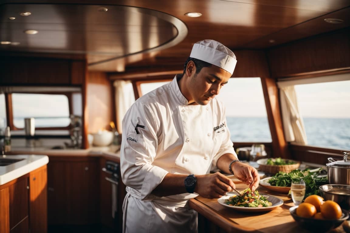 A chef meticulously preparing a gourmet meal in the galley of a yacht in Los Cabos.