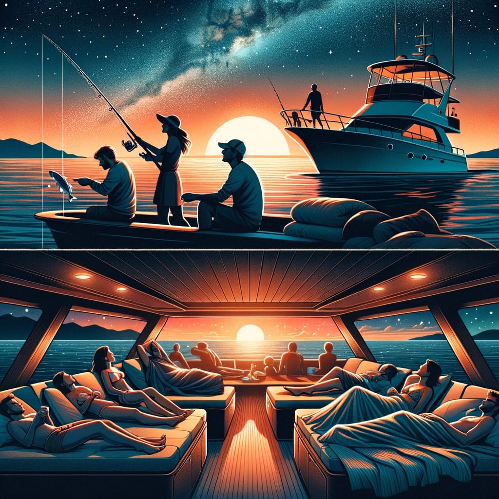 Yacht Leisure Moments: Fishing and Stargazing in Los Cabos An illustrated collage of yacht leisure activities in Los Cabos, featuring fishing at sunset and relaxation under the stars.