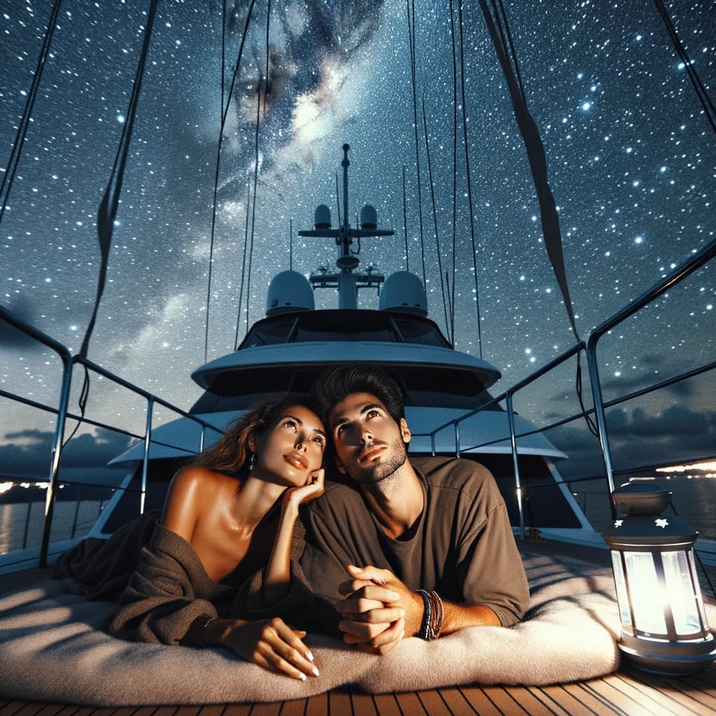 Cosmic Romance: Stargazing on a Los Cabos Yacht A couple lounging on a yacht deck under the starry Los Cabos night sky, captivated by the cosmic display.